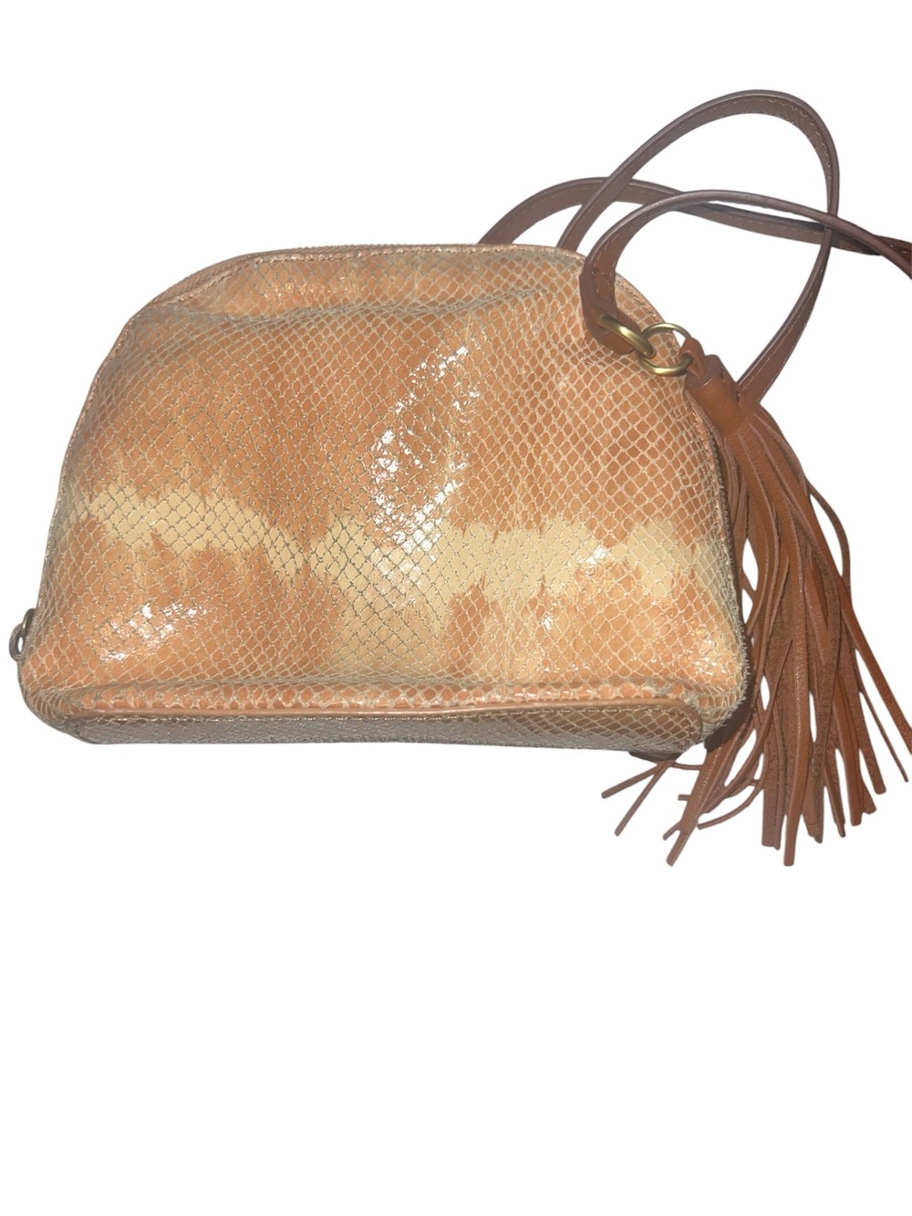 HOBO Shiny Snake-Embossed Tan Crossbody with Fringe